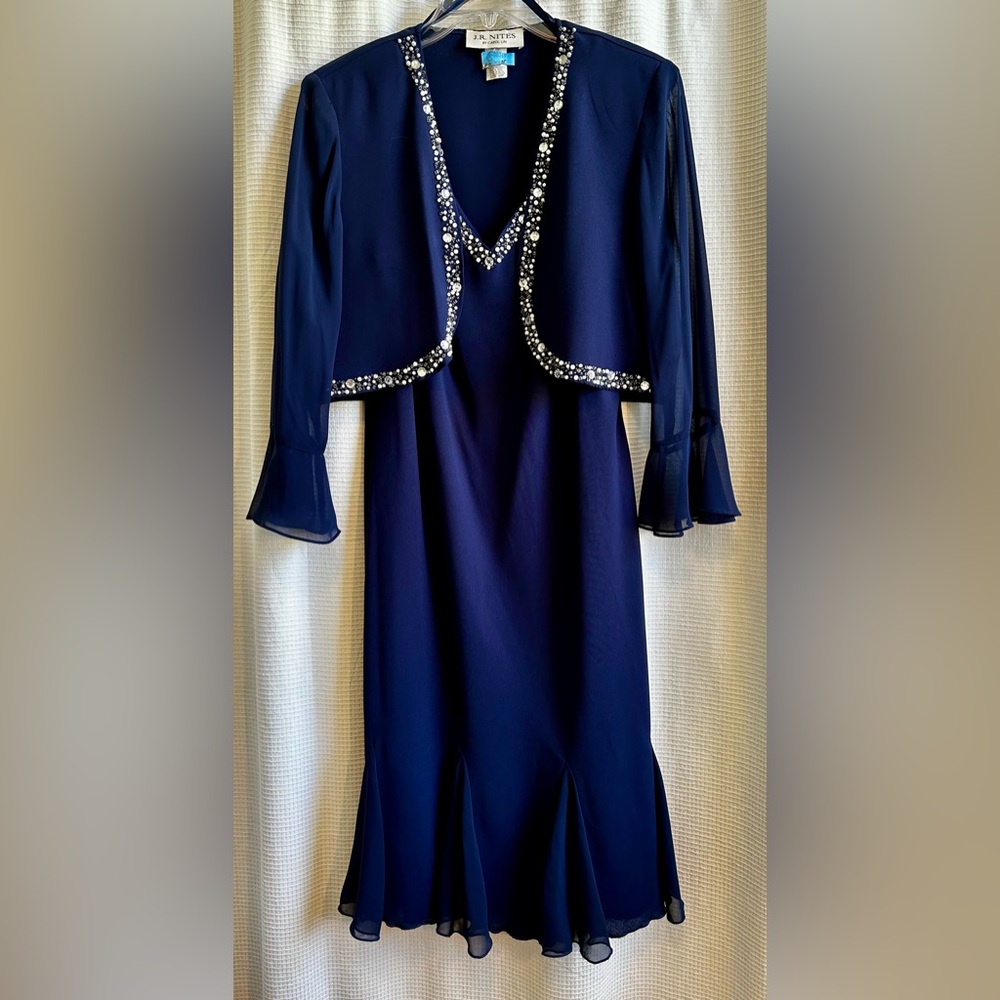 Elegant Navy Blue Sleeveless Dress with Shrug Jacket Size 14 Petite